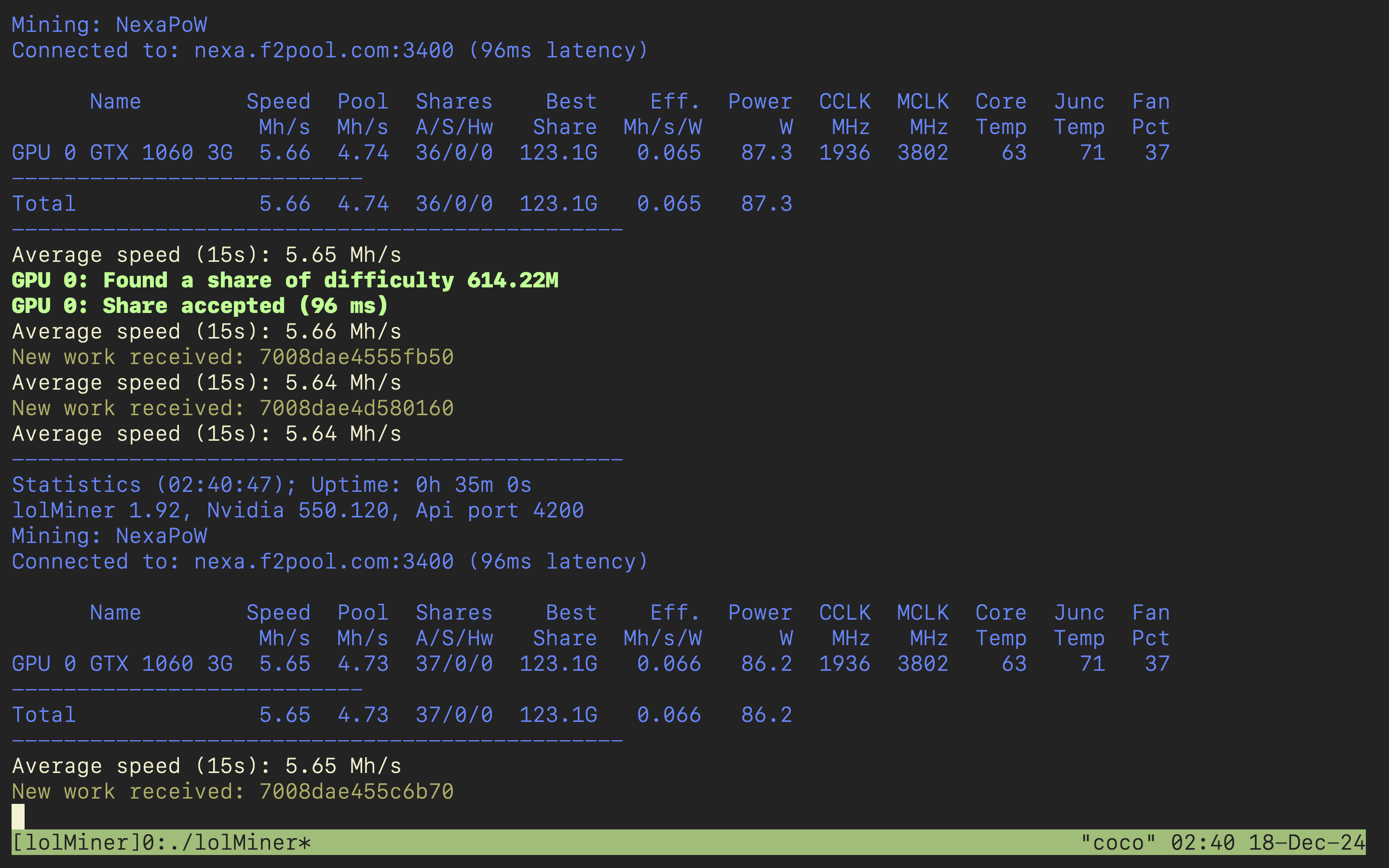 lolMiner terminal output